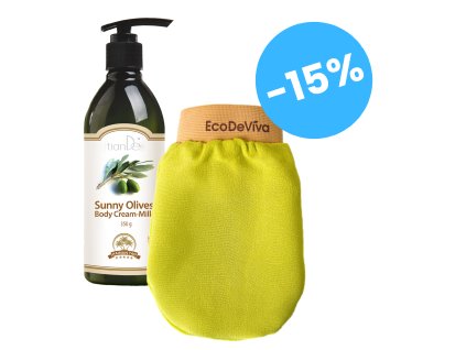 EXTRA AKCIA (11. - 15.06.25) - ZĽAVA 15% Kúpte Krémové telové mlieko „Slnečné olivy“, 350 g + Spa rukavica EcoDeViva_15.0b