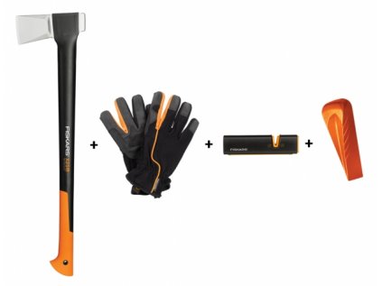 Set FISKARS sekera X32 + klín + ostřič + rukavice 4ks