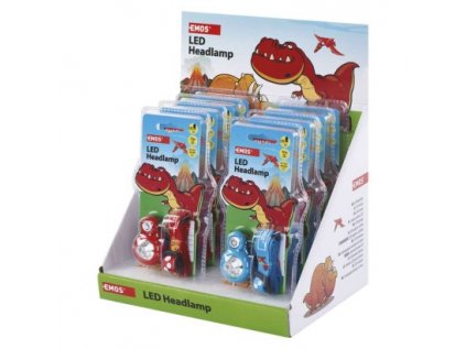 Dětská LED čelovka Dino, 2× CR2032, 8 ks, display box