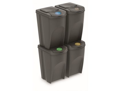 Sada 4 odpadkových košů SORTIBOX IV šedý, objem 4x35L