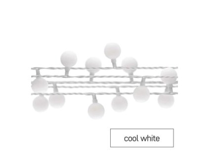 LED světelný cherry řetěz – kuličky 2,5 cm, 4 m, venkovní i vnitřní, studená bílá, časovač