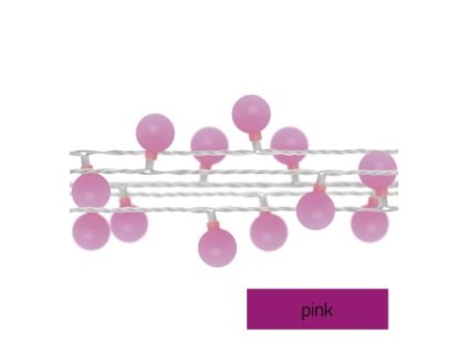 LED světelný cherry řetěz – kuličky 2,5 cm, 4 m, venkovní i vnitřní, růžová, časovač