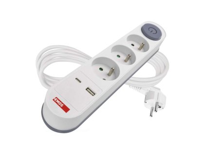 Prodlužovací kabel 2 m / 3 zásuvky / s vypínačem / bílý / 1×USB-A + 1×USB-C / 1,5 mm2