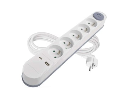 Prodlužovací kabel 3 m / 5 zásuvky / s vypínačem / bílý / 1×USB-A + 1×USB-C / 1,5 mm2