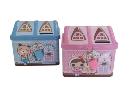 pokladnička DOMEK+zámek 12x9,5x10cm, růž., modrý, plech