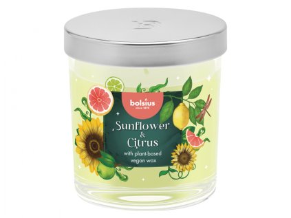 Svíčka ve skle SLUNEČNICE A CITRUS d7x8cm, kovové víčko
