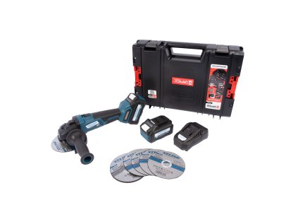 XTLINE Aku úhlová bruska bezuhlíková 18 V, 125 mm + kotouče + 2 baterie 5.0 Ah + nabíječka 3.5 A + box
