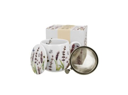 hrnek 430ml baňatý LEVANDULE+víčko+sítko NR, porcelán, DB