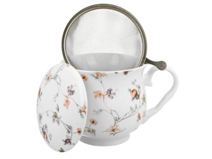 hrnek 430ml baňatý SAFA kytičky+víčko+sítko NR, porcelán, DB