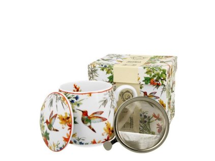 hrnek 430ml baňatý LINNEA kolibřík+víčko+sítko NR, porcelán, DB