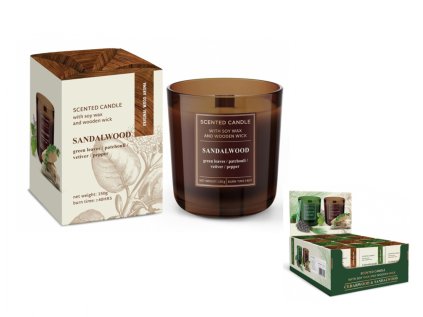 Svíčka ve skle SANDALWOOD vonná dřevěný knot 150g