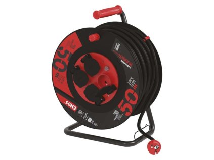 Venkovní prodlužovací kabel na bubnu 50 m / 4 zás. / černý / guma-neopren / 230V / 2,5 mm2