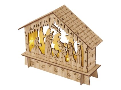 LED vánoční betlém dřevěný, 15 cm, 2x AA, vnitřní, teplá bílá, časovač