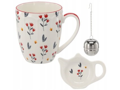 hrnek 350ml KVĚTY, 3DEKORY, čajítko, podčajník, porcelán, DB