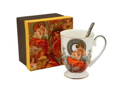 hrnek 280ml+lžička, A.MUCHA, světlý, DB, porcelán