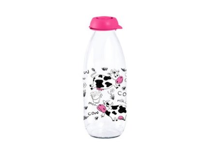 láhev 1,0l na mléko, růž.KRÁVA, plast.uzávěr, sklo