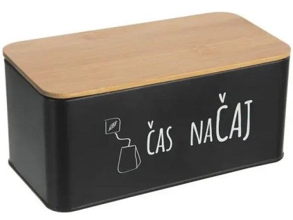 dóza plech. 20,3x10,3x9cm, ČAJ, BLACK, plech/bambus