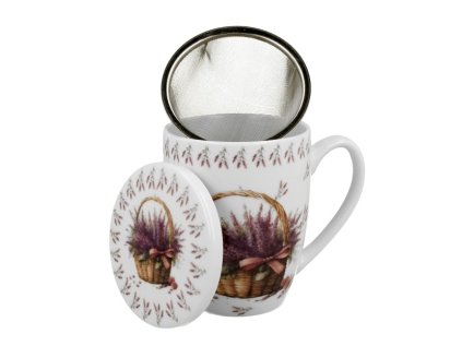 hrnek 360ml LEVANDULE v košíku+víčko+sítko NR, porcelán, DB