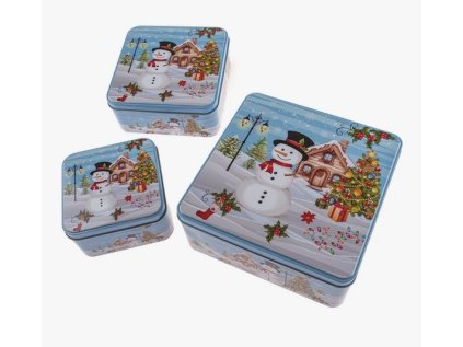 dóza plech. 3ks sada čtverc. SNĚHULÁK MODRÁ, 20x20x8cm
