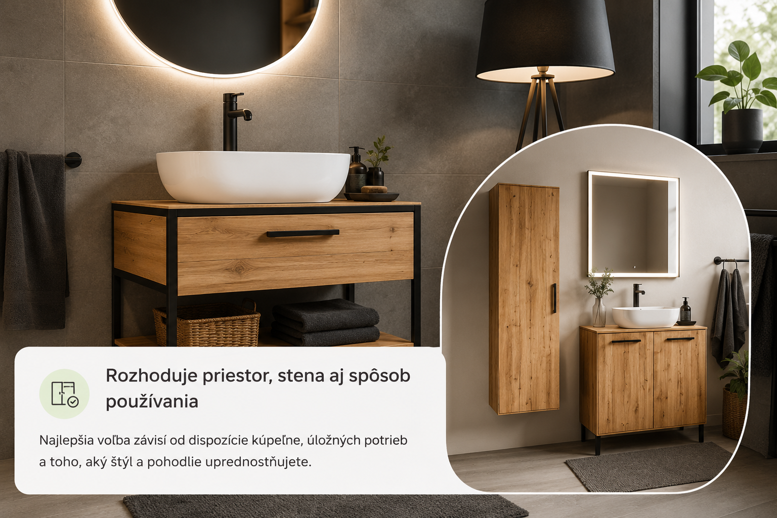 Moderná kúpeľňa so závesnou a stojacou skrinkou