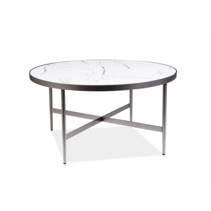 očarujúci konferenčný stolík DOLORES B, ponúkajúci kovovú konštrukciu a efekt bieleho mramoru