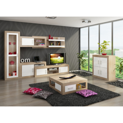 Luxusná obývacia stena VERIN 3, vyrobená v modernom dizajne diub sonoma svetlá / biely lesk