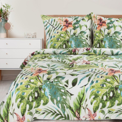 Obliečky na jednolôžko SONIA 40 | biela/listy 140 x 200 cm