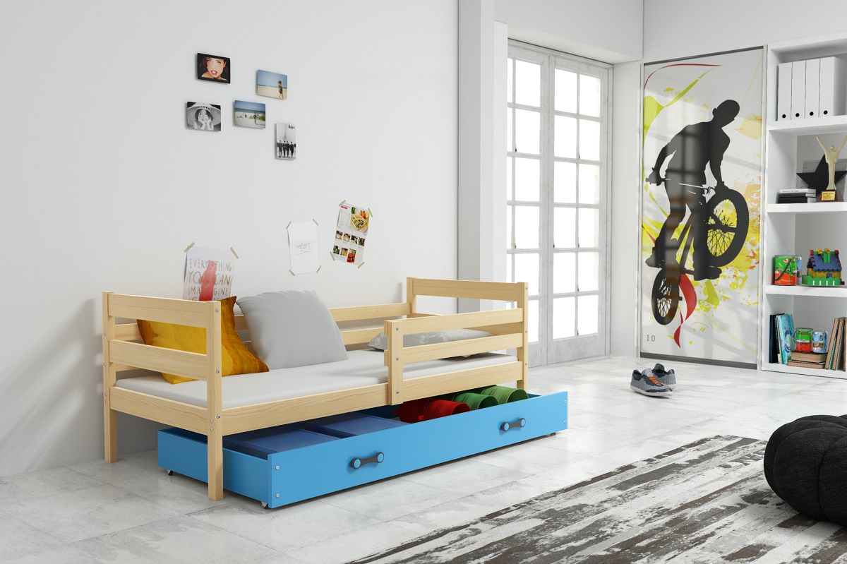 E-shop BMS Detská jednolôžková posteľ s úložným priestorom ERYK | borovica Farba: Borovica / modrá, Rozmer.: 190 x 80 cm