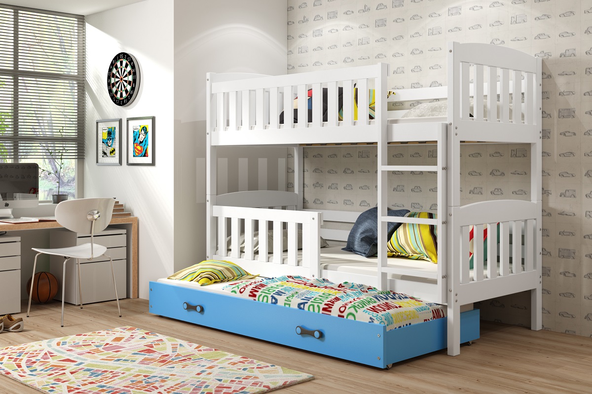 E-shop BMS Detská poschodová posteľ KUBUŠ 3 s prístelkou | biela Farba: biela / modrá, Rozmer.: 190 x 80 cm