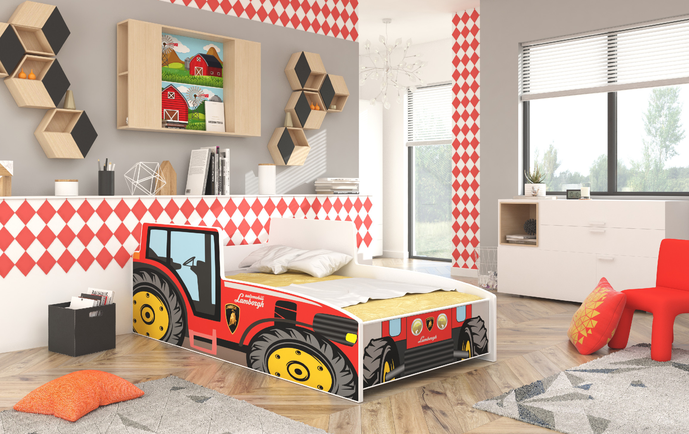E-shop ArtAdrk Detská auto posteľ TRACTOR Farba: Červená, Prevedenie: 70 x 140 cm