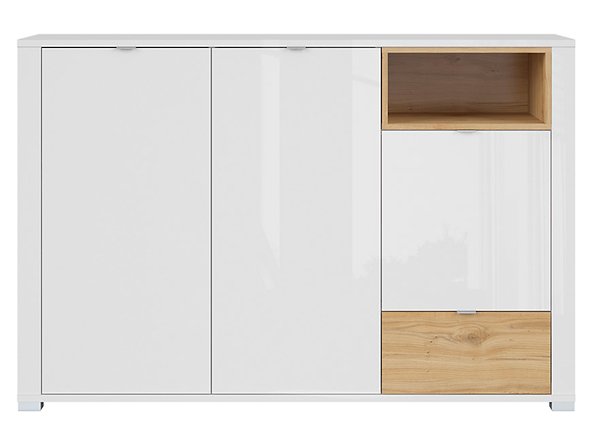 BRW Komoda MODESTO - KOM3D1S Farba: biely lesk/ dub Minerva/ biely lesk