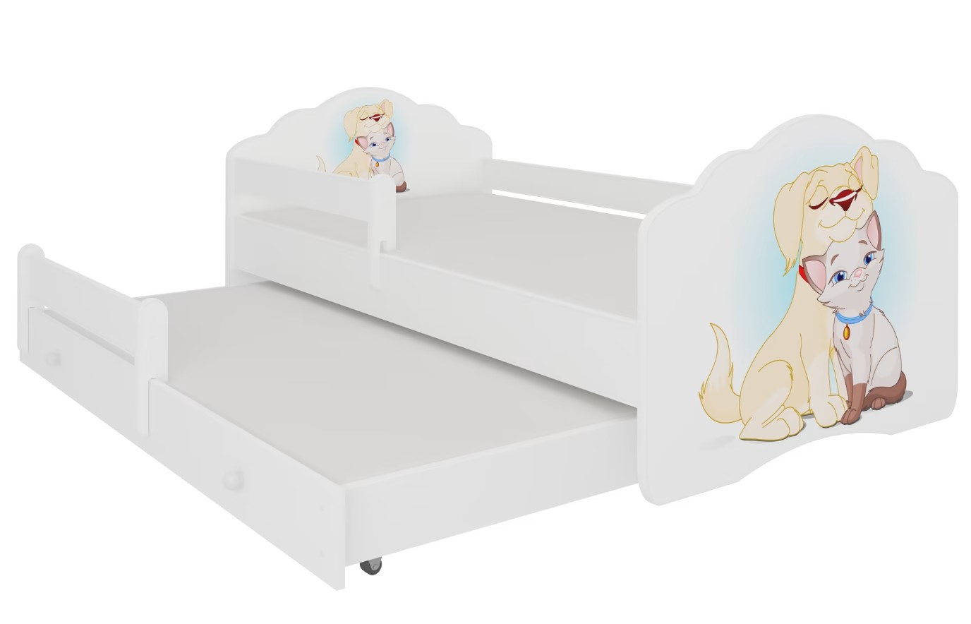 E-shop ArtAdrk Detská posteľ CASIMO II | s prístelkou a zábranou Prevedenie: Psík a mačičkou