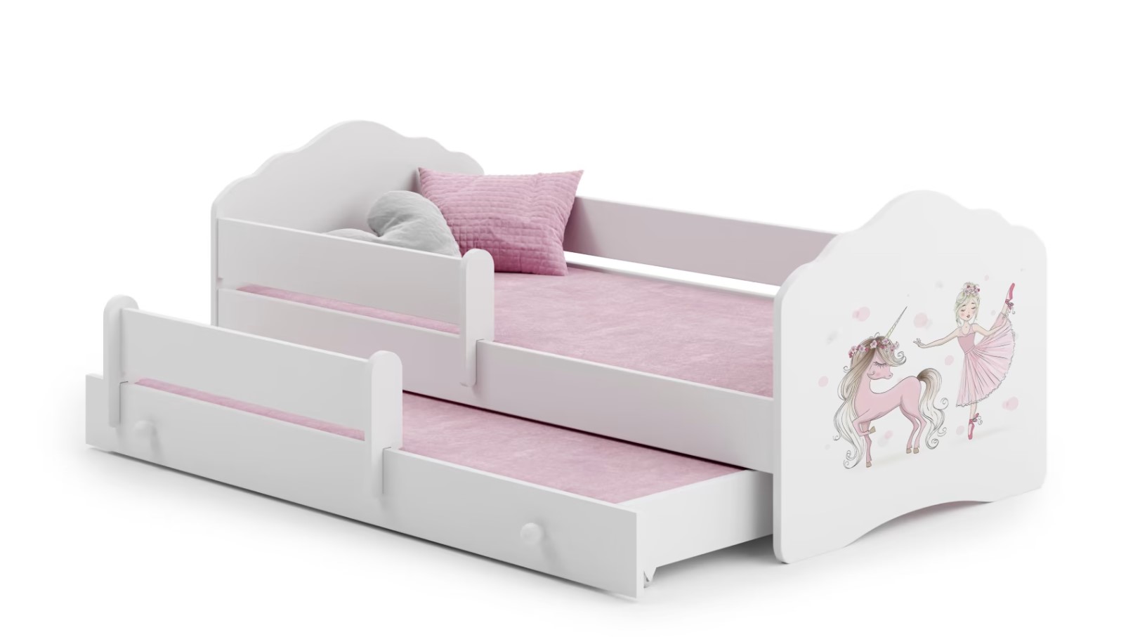 E-shop ArtAdrk Detská posteľ CASIMO II | s prístelkou a zábranou Prevedenie: Balerína s jednorožcom