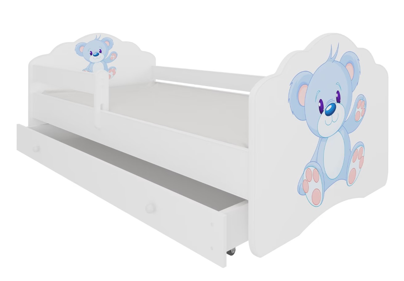 E-shop ArtAdrk Detská posteľ CASIMO | so zásuvkou a zábranou Prevedenie: Modrý macko
