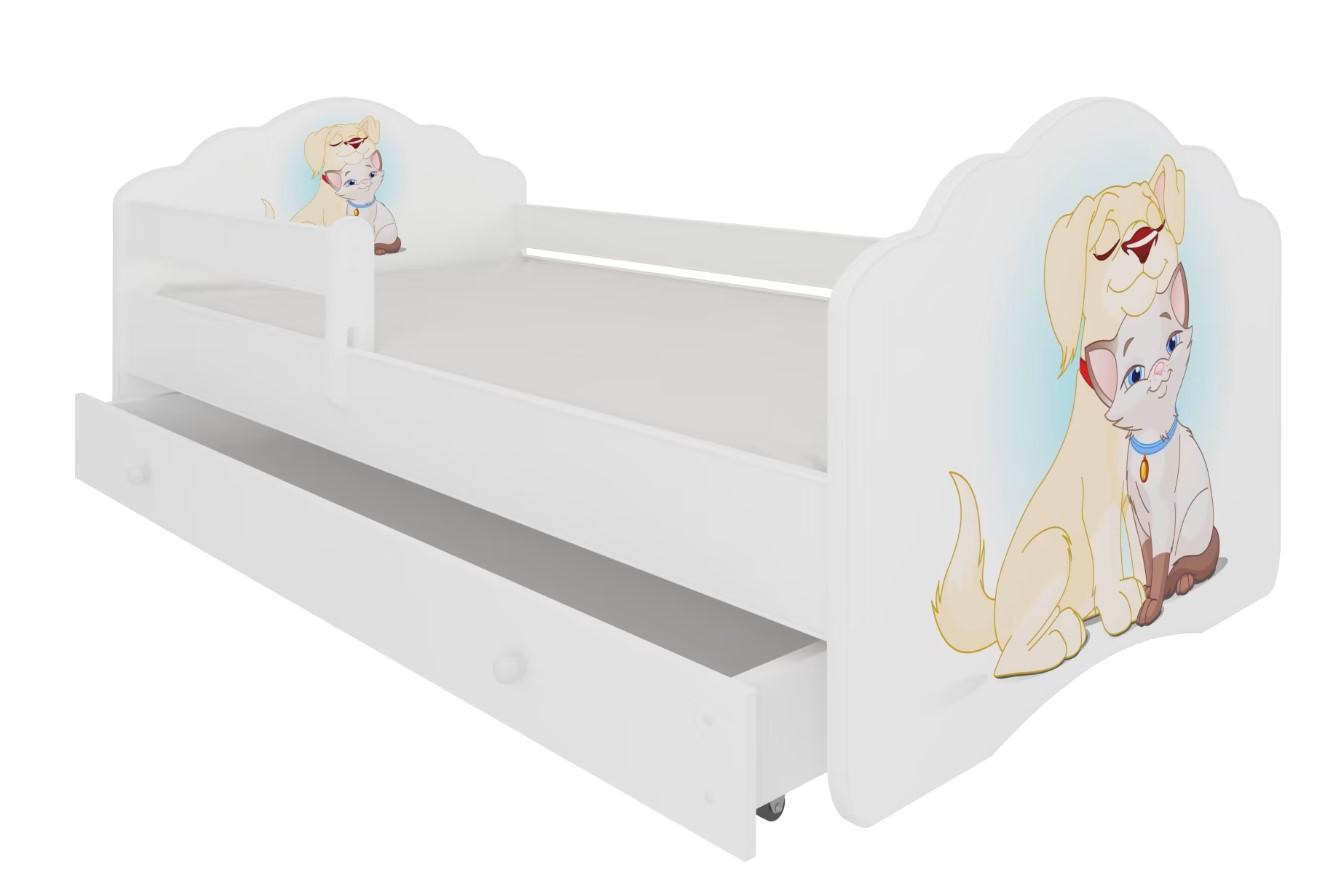 E-shop ArtAdrk Detská posteľ CASIMO | so zásuvkou a zábranou Prevedenie: Psík a mačičkou