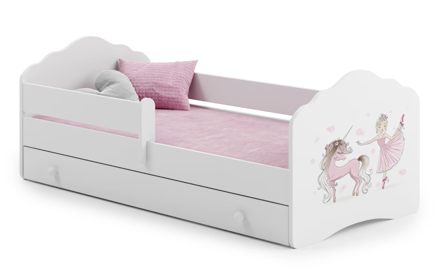 E-shop ArtAdrk Detská posteľ CASIMO | so zásuvkou a zábranou Prevedenie: Balerína s jednorožcom