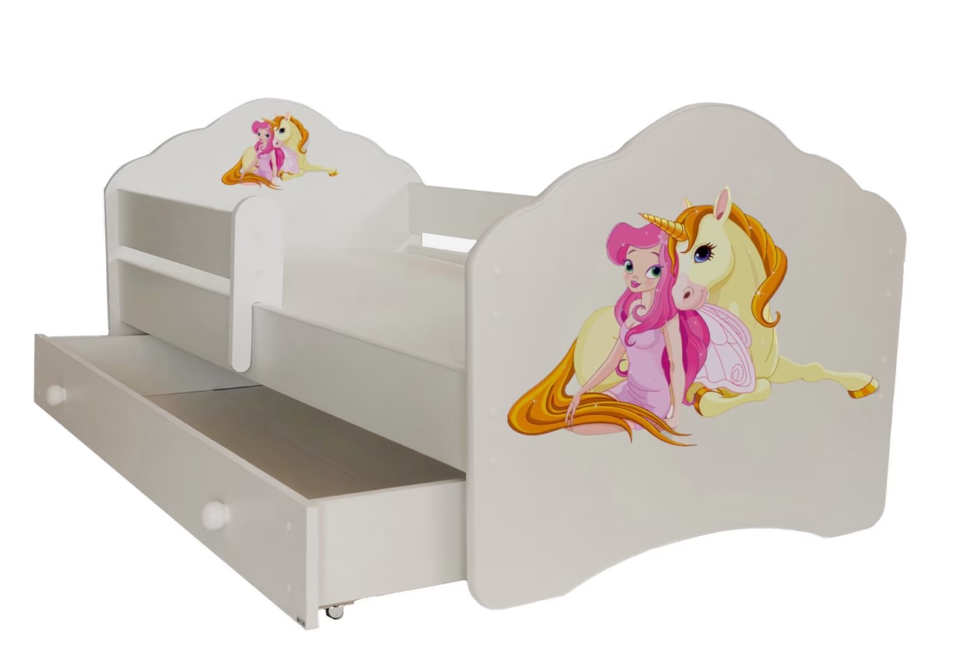 E-shop ArtAdrk Detská posteľ CASIMO | so zásuvkou a zábranou Prevedenie: Dievča s jednorožcom