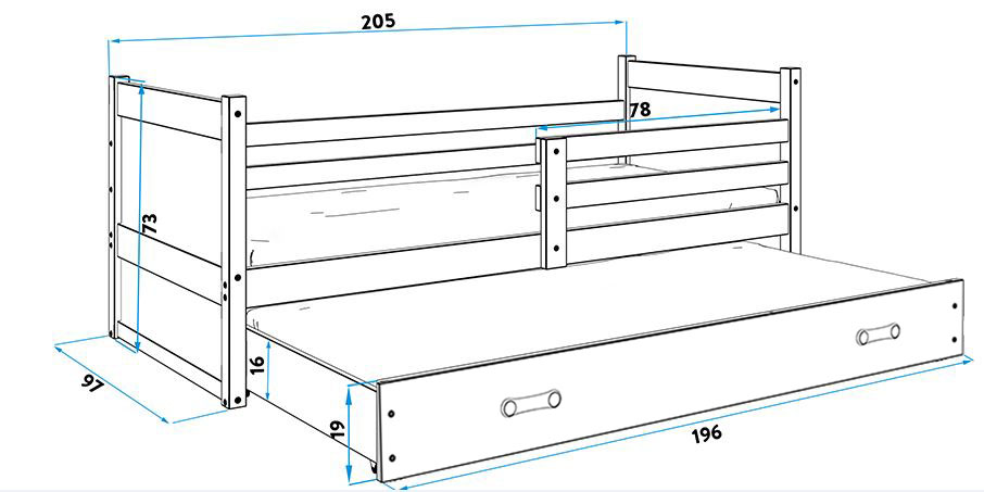 BMS Detská posteľ RICO 2 / BOROVICA 200x90 Farba: Modrá