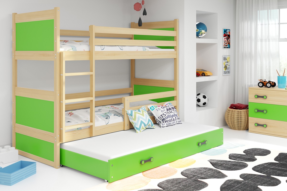 E-shop BMS Detská poschodová posteľ s prístelkou RICO 3 | borovica 80 x 190 cm Farba: Zelená