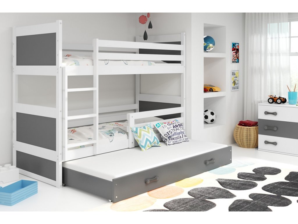 BMS Detská poschodová posteľ s prístelkou RICO 3 | biela 90 x 200 cm Farba: Biela/sivá