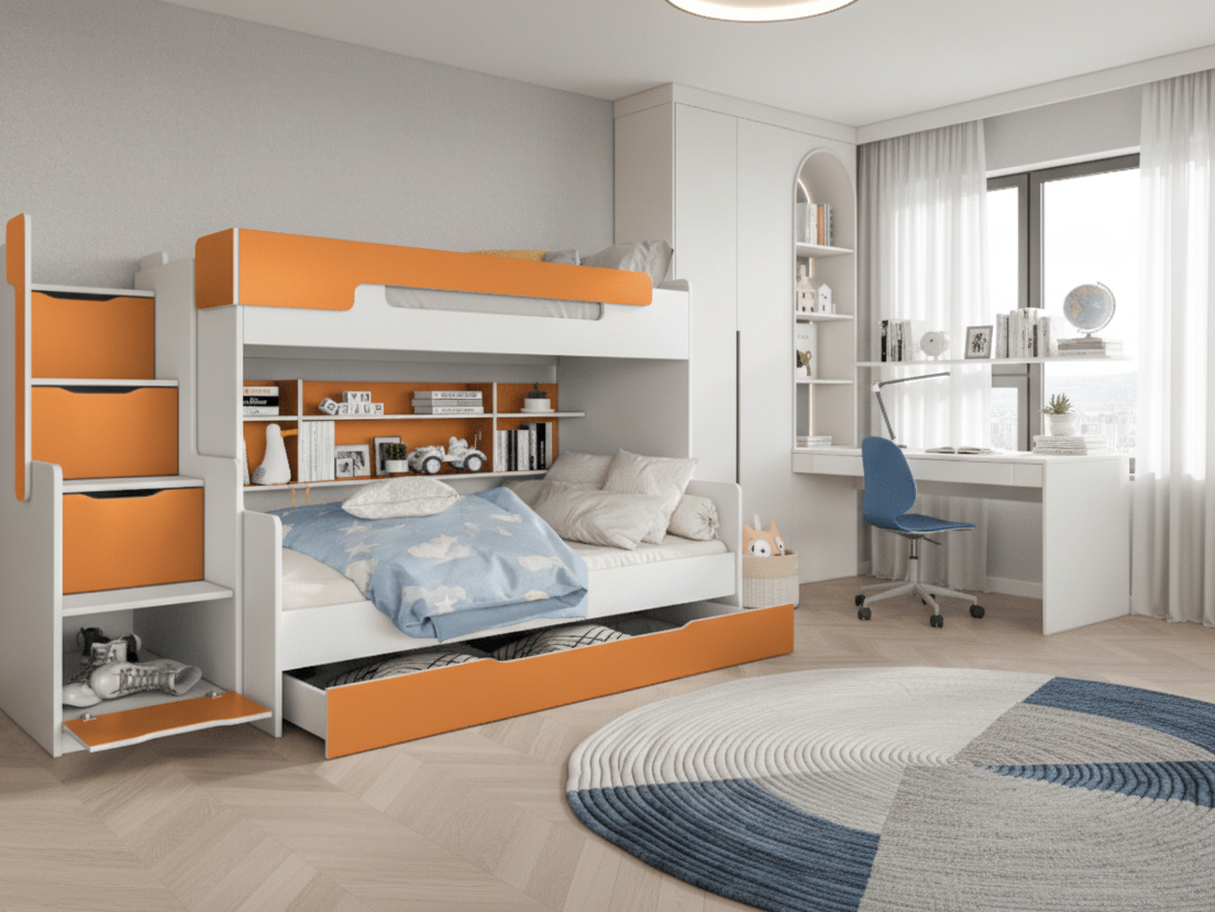 ArtBed Detská poschodová posteľ s roštom HARRY | biela/oranžová 120 x 200 cm