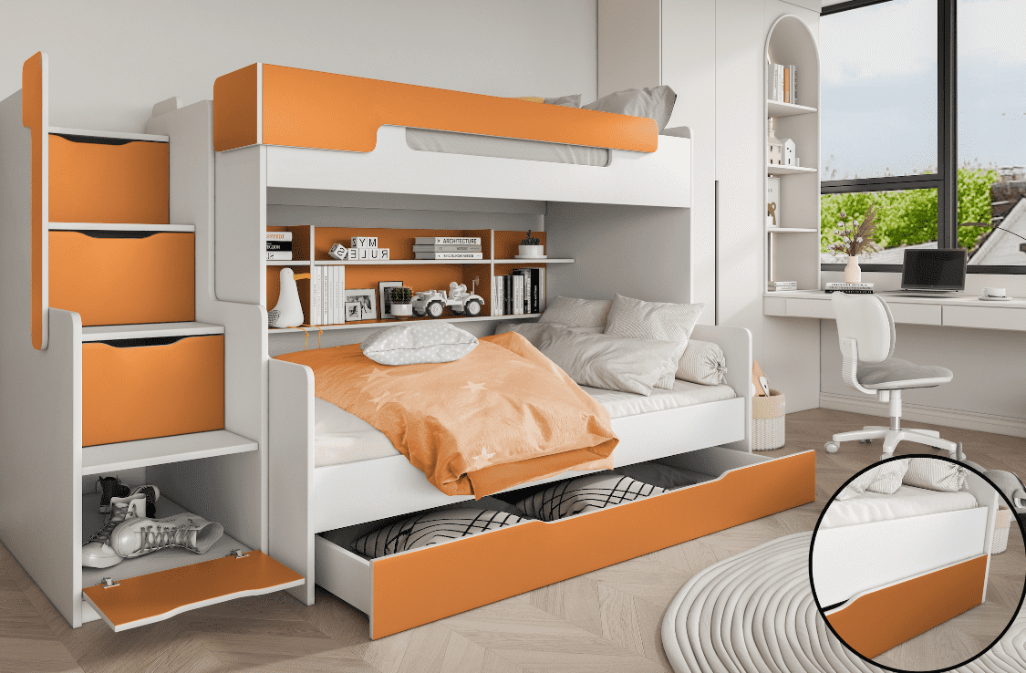 E-shop ArtBed Detská poschodová posteľ HARRY | biela/oranžová