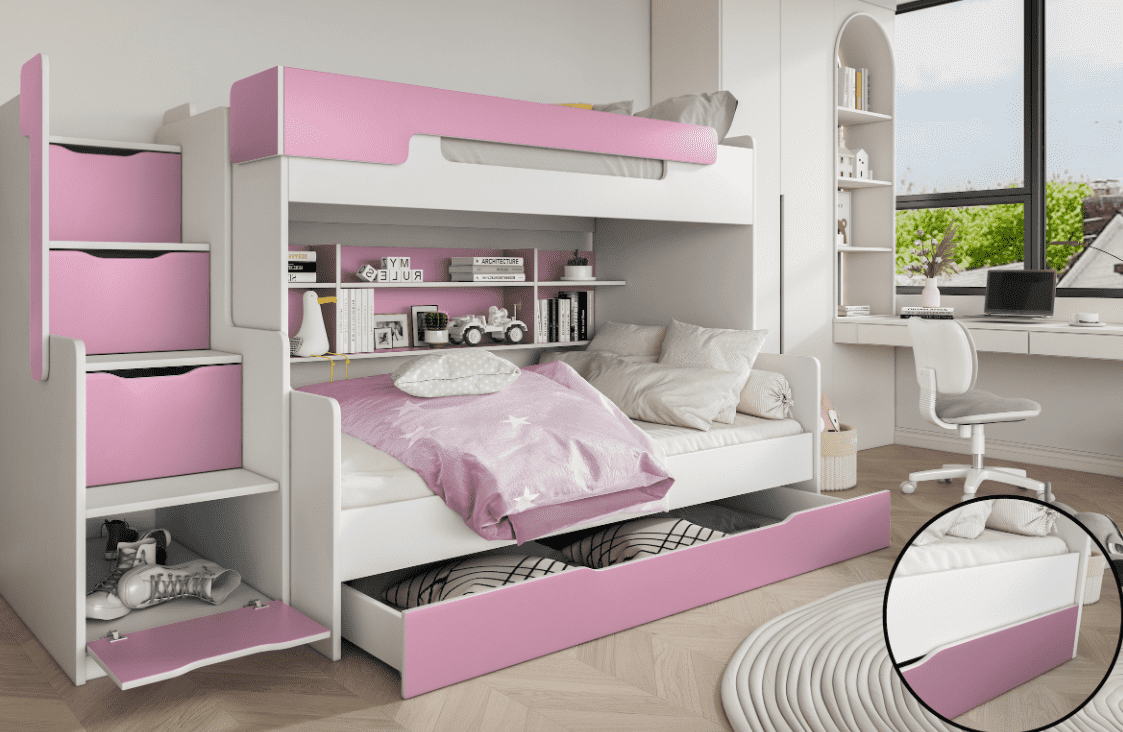 ArtBed Detská poschodová posteľ HARRY | biela/ružová
