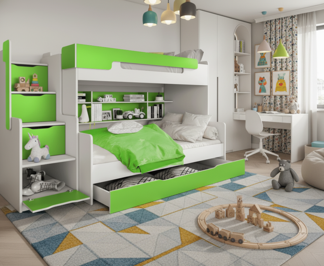 ArtBed Detská poschodová posteľ s roštom HARRY | biela/zelená 120 x 200 cm