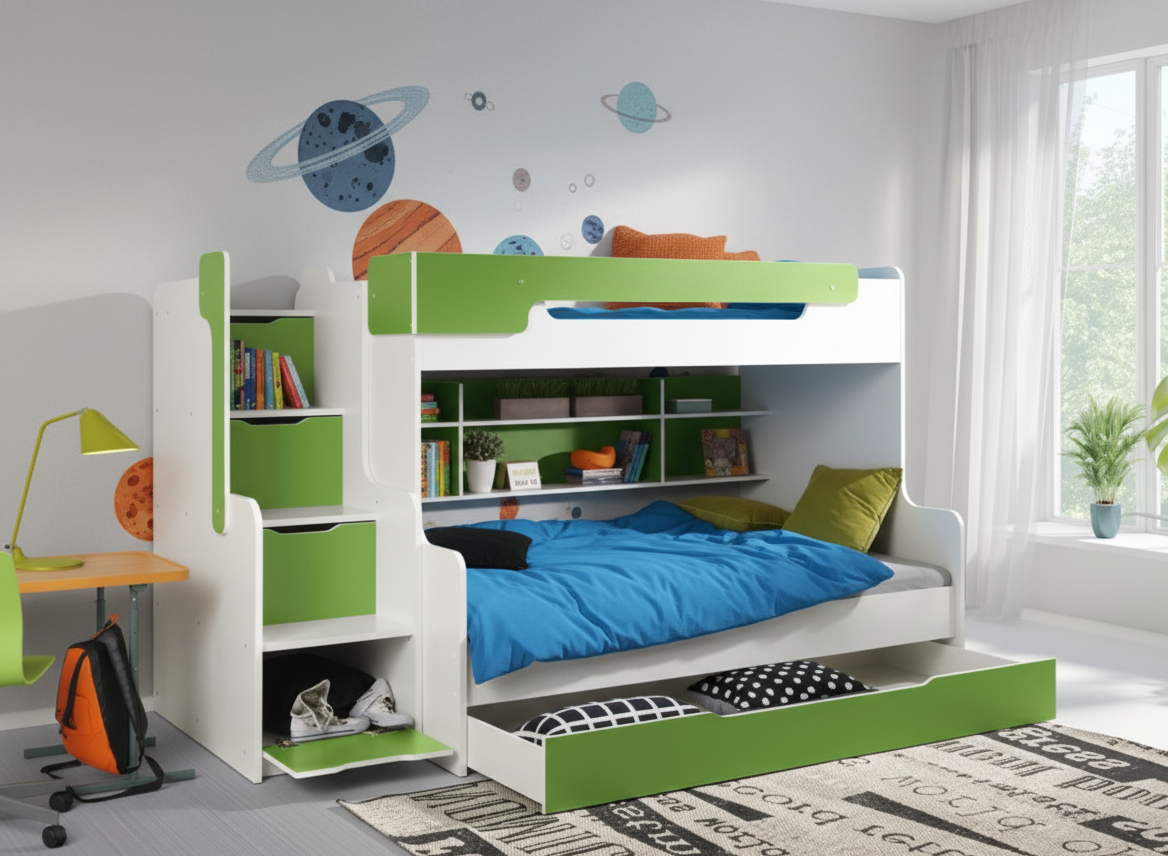 ArtBed Detská poschodová posteľ s roštom HARRY | biela/zelená 120 x 200 cm