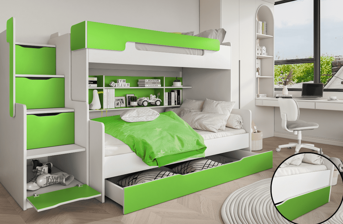 ArtBed Detská poschodová posteľ HARRY | biela/zelená
