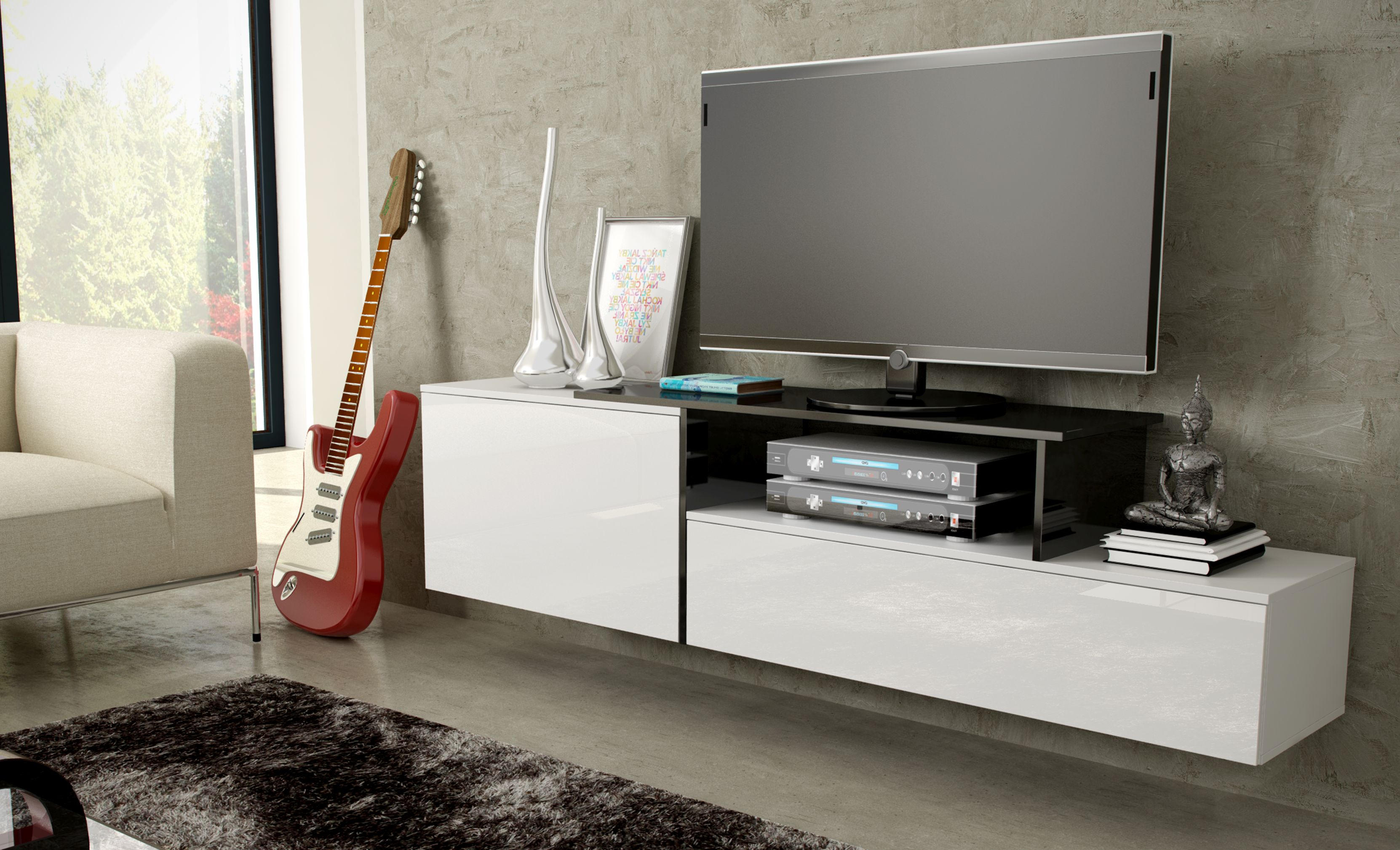 Artcam Závesný TV stolík SIGMA 3 - biela/biely lesk/čierna