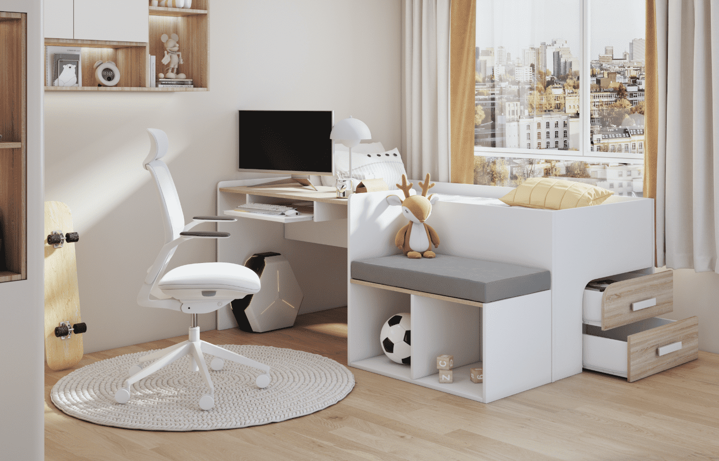 ArtBed Detská vyvýšená posteľ so stolíkom MEGAN | biela 90 x 200 cm