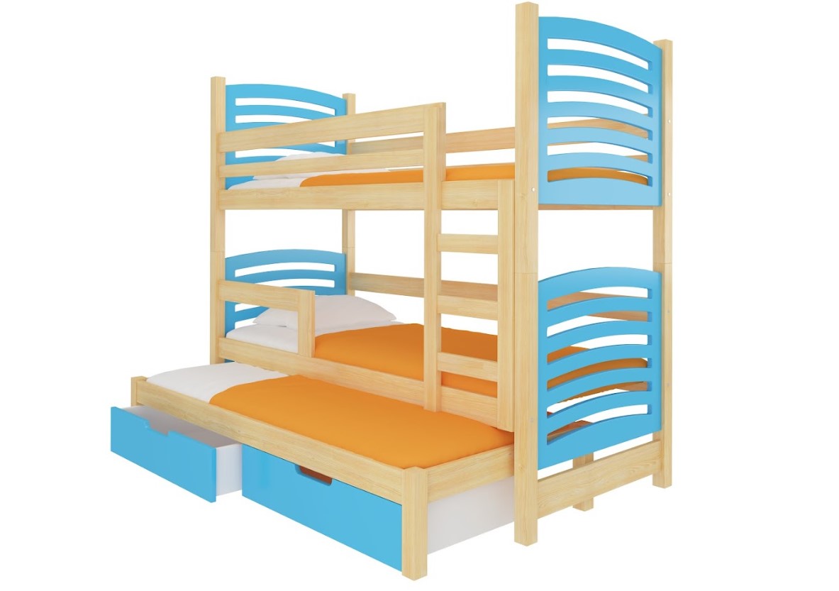 ArtAdrk Detská poschodová posteľ s prístelkou SORIA Farba: Borovica / modrá