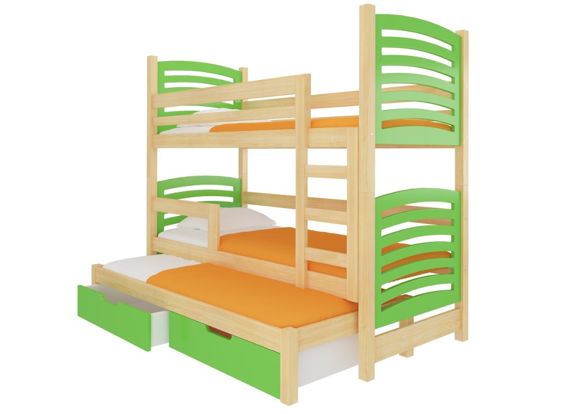 ArtAdrk Detská poschodová posteľ s prístelkou SORIA Farba: Borovica / zelená